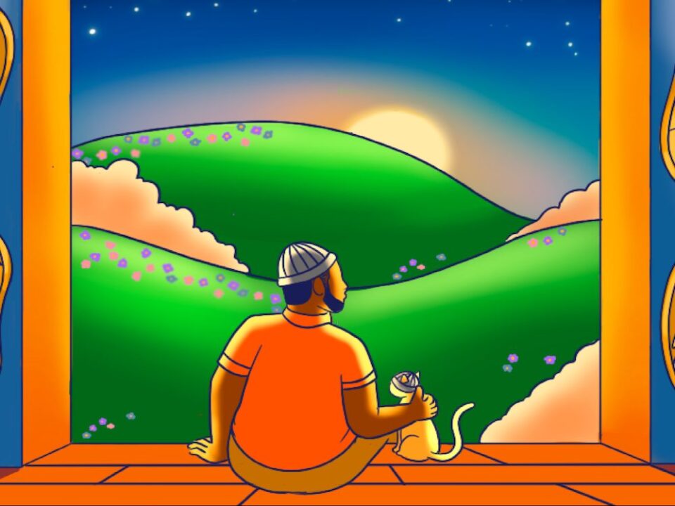 A peaceful illustration of a black man sitting with a cat, both wearing hats, looking out at nature