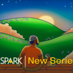 Thumbnail for Spark series "Black Manhood and Progressive Masculinity." Illustration features a Black man and Black child looking out over the run rising or setting over green hills.