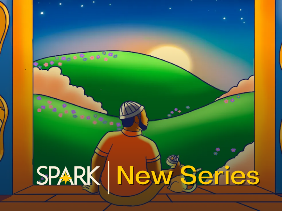 Thumbnail for Spark series "Black Manhood and Progressive Masculinity." Illustration features a Black man and Black child looking out over the run rising or setting over green hills.